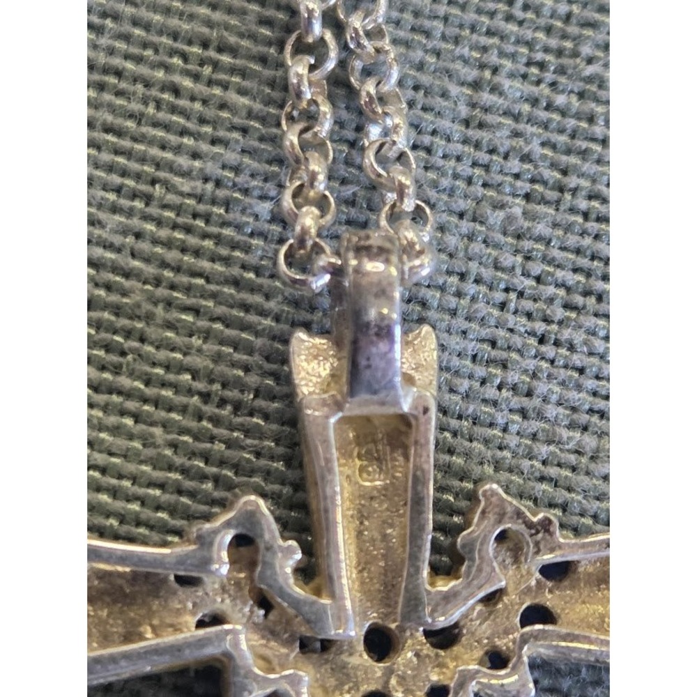 Vintage 925 Sterling Silver Blue Sapphire Cross Pendant Necklace Ribbed Design - Picture 4 of 4